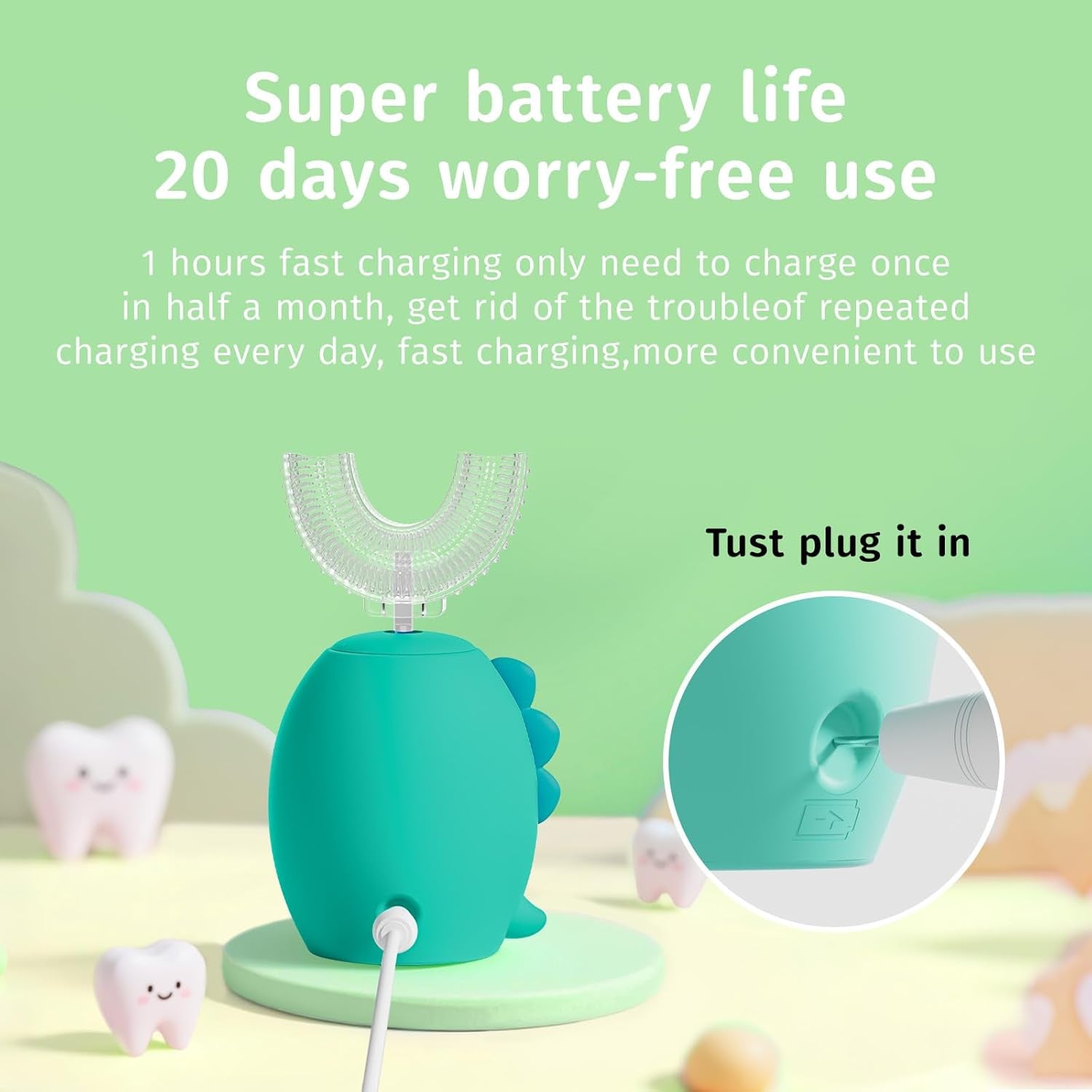 Kids U Shaped Electric Toothbrush,Auto Sonic Baby Toothbrush,Cartoon Dinosaur 360-Degree Cleaning IPX7 Waterproof Design(2-7Y)
